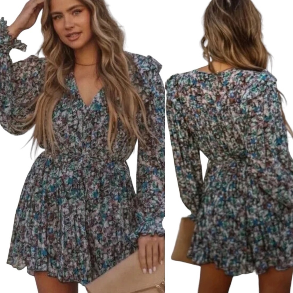 Endless Rose Womens Ruffle Pleated Floral Jumper Romper Size Large Bohemian Chic